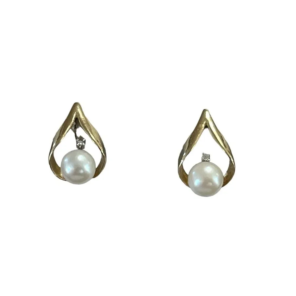 Vintage Signed UL 14K Gold Pearl Diamond Drop Pierced Earrings - Picture 5 of 10